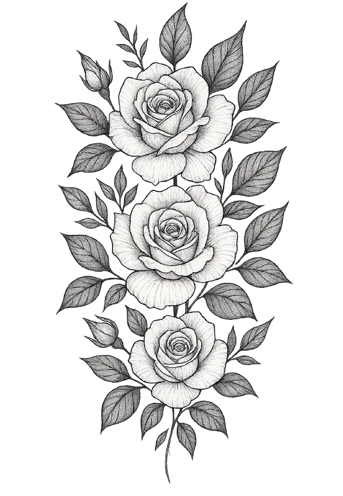 Tattoovorlage mit eleganten Rosen und Blättern für Oberarm