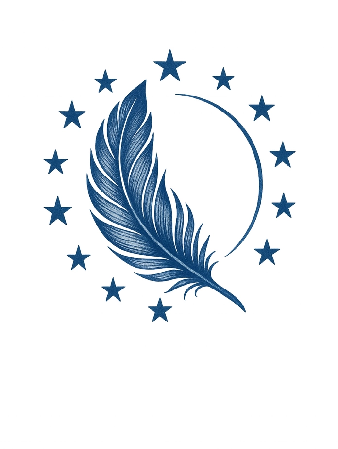 Tattoovorlage mit eleganter Feder im Kreis von Sternen