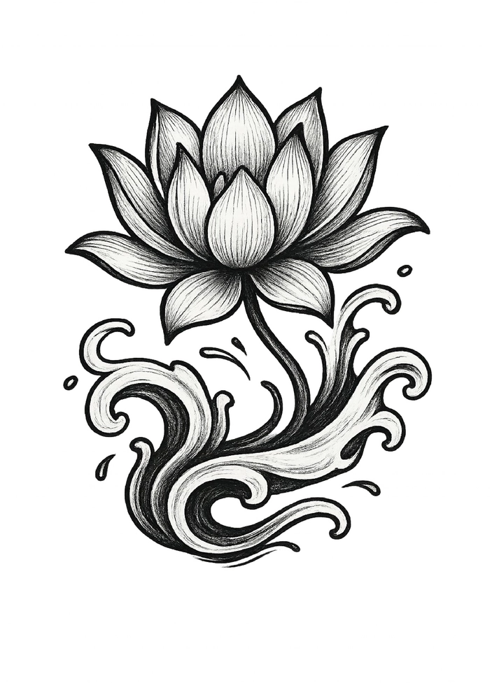 Tattoovorlage mit eleganter Lotusblume und Wasserwellen