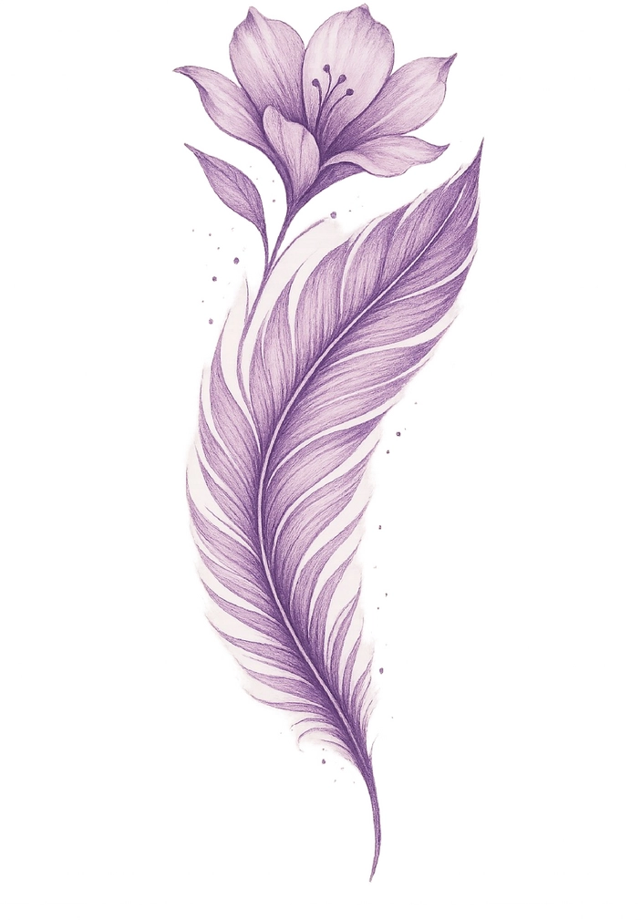 Tattoovorlage mit Feder und Blume in Lila
