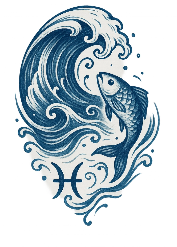 Tattoovorlage mit Fisch und Welle für Oberarm-Tattoos