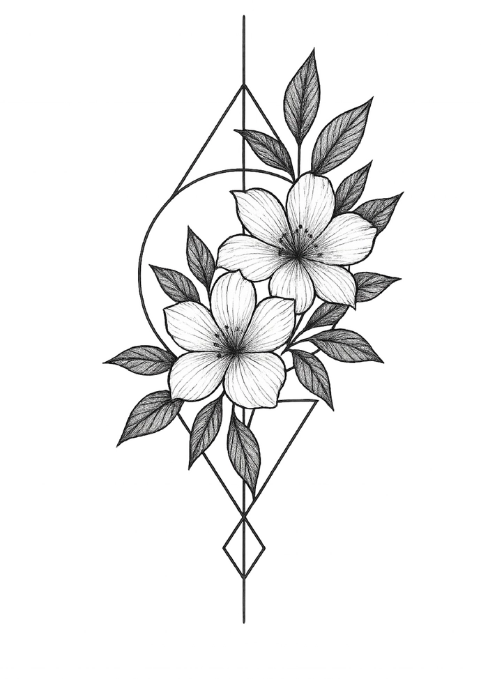 Tattoovorlage mit floralen Elementen und geometrischen Formen
