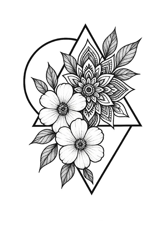 Tattoovorlage mit floralen Elementen und Mandala-Muster