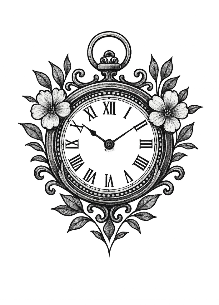 Tattoovorlage mit floralen Elementen und Uhr