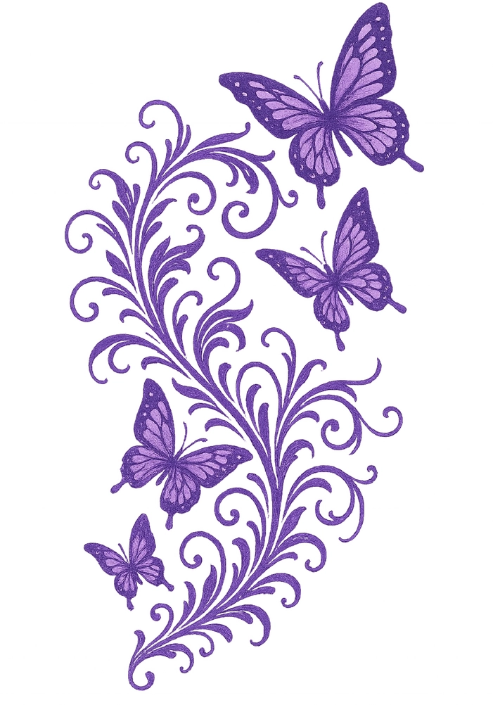 Tattoovorlage mit floralen Ornamenten und Schmetterlingen in Lila