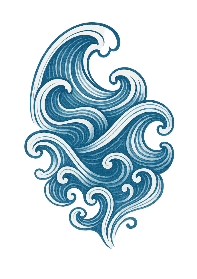 Tattoovorlage mit harmonischen Wellenmotiven in Blau
