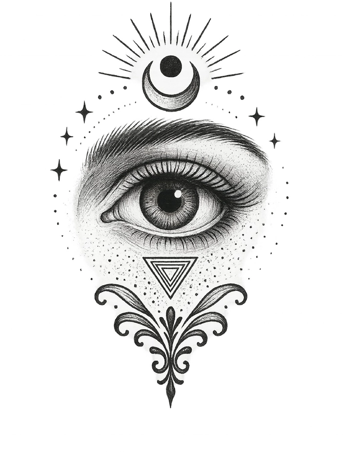 Tattoovorlage mit künstlerischem Auge und symbolischen Elementen