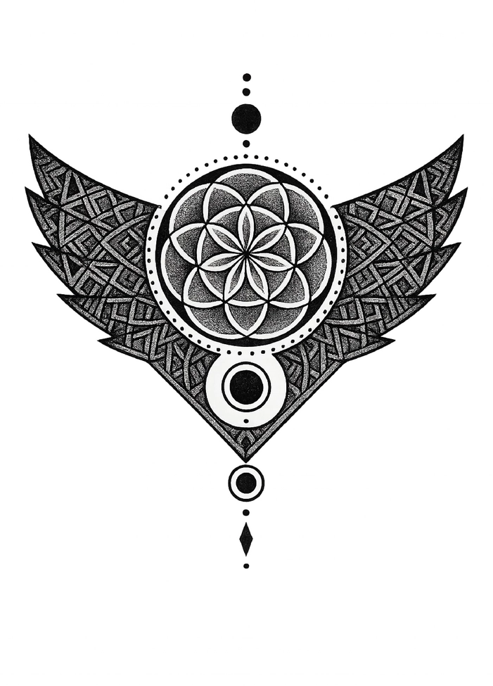 Tattoovorlage mit Mandala und Flügeln für die Brust