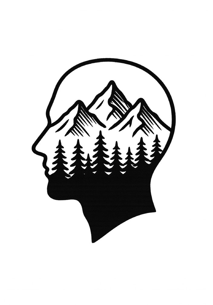 Tattoovorlage mit minimalistischen Berg- und Waldmotiv im Kopf