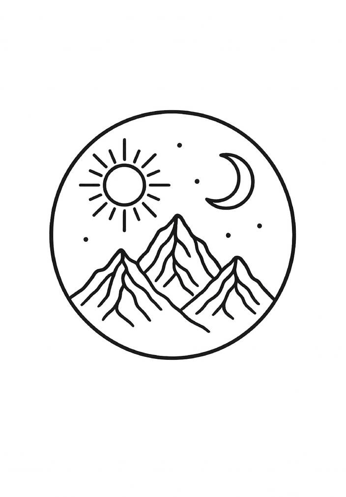 Tattoovorlage mit minimalistischen Bergen, Sonne und Mond
