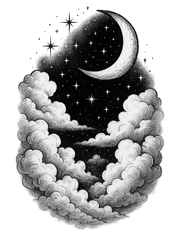 Tattoovorlage mit Mond und Sternenhimmel in Schwarz-Weiß