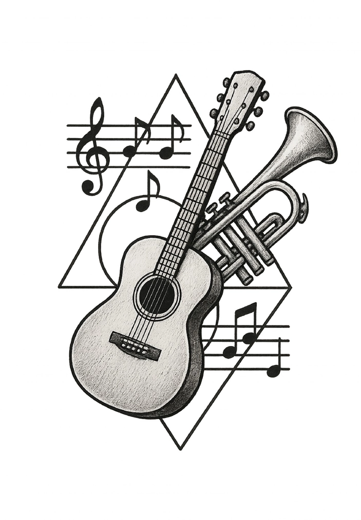 Tattoovorlage mit Musikinstrumenten und Noten