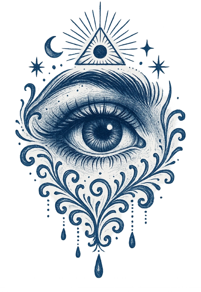 Tattoovorlage mit mystischem Auge und Symbolen