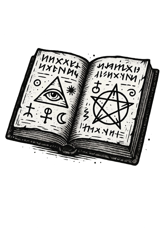 Tattoovorlage mit mystischen Symbolen und magischem Buch