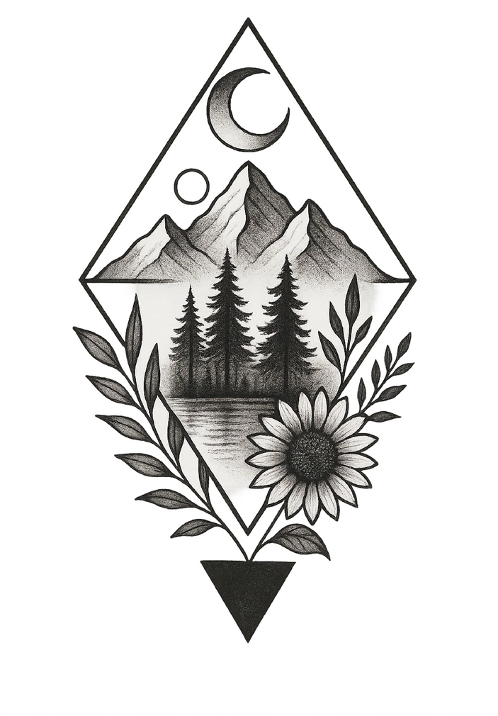 Tattoovorlage mit harmonischen Naturmotiven und geometrischen Formen