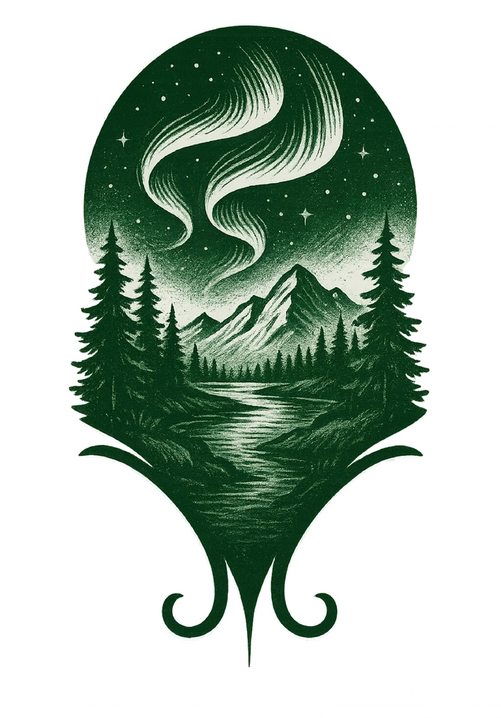 Tattoovorlage mit polarlichtern über einer traumhaften Landschaft
