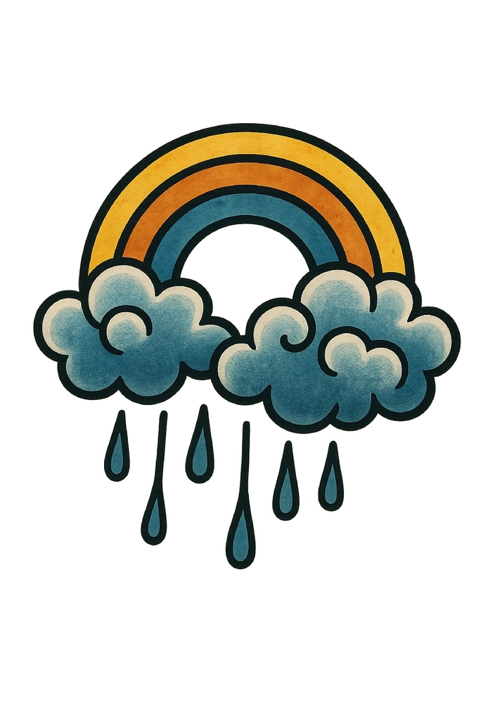 Tattoovorlage mit Regenbogen und Wolken in sanften Farben