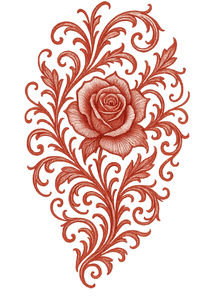 Tattoovorlage mit Rose und floralen Ranken für die Schulter