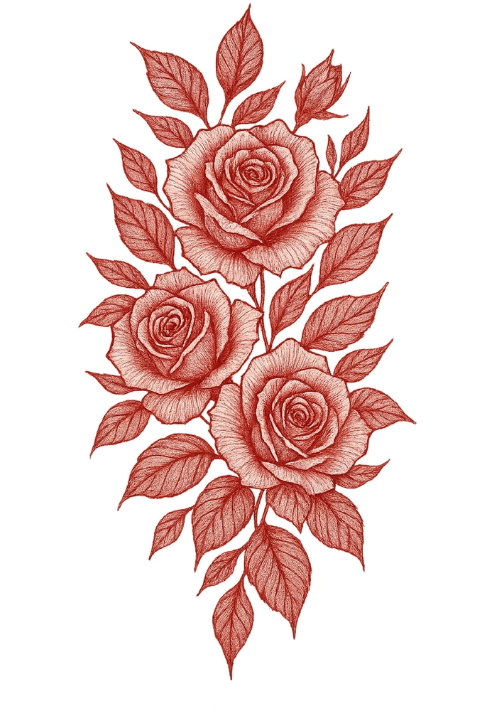 Tattoovorlage mit Rosen und Blättern für Rücken-Tattoo