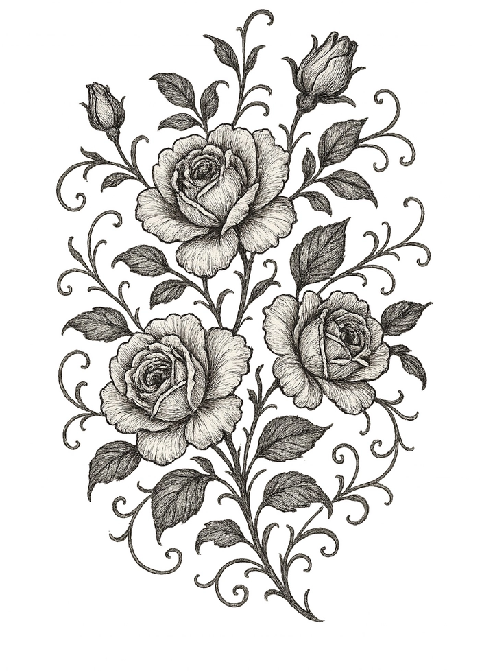 Tattoovorlage mit Rosen und filigranen Ranken für Oberarm