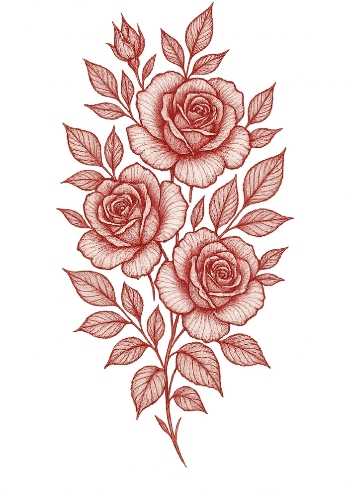 Tattoovorlage mit roten Rosen und Blättern für den Oberarm