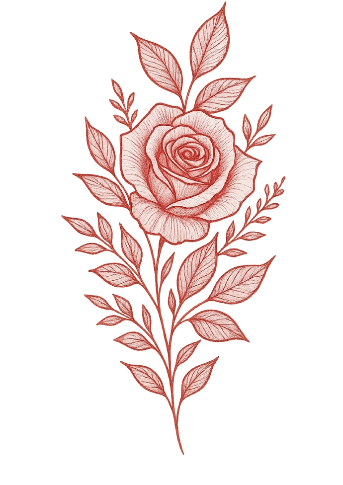 Tattoovorlage mit roter Rose und Blättern