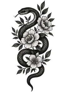 tattoovorlage-mit-schlange-und-blumen-unterschwarz-weiss