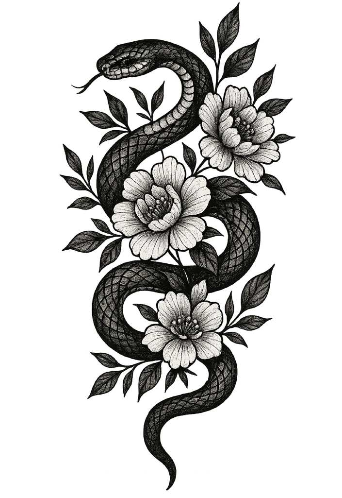 Tattoovorlage mit Schlange und floralen Akzenten für den Unterarm