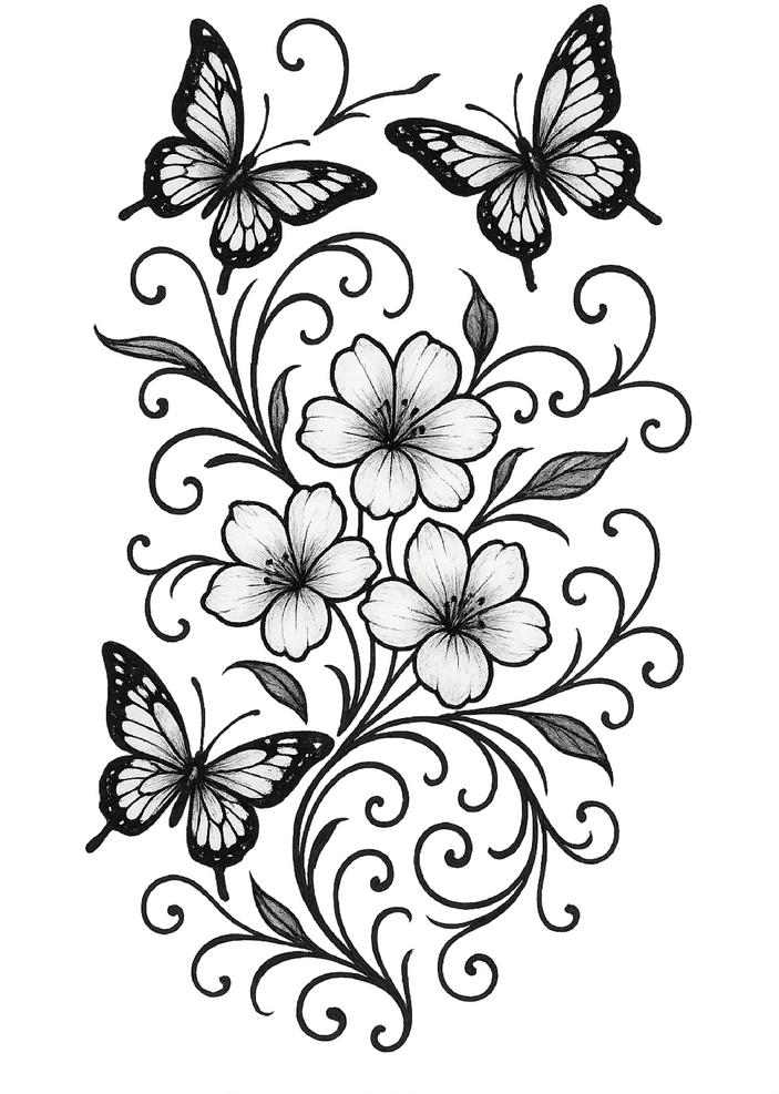 Tattoovorlage mit Schmetterlingen und Blumen für die Schulter