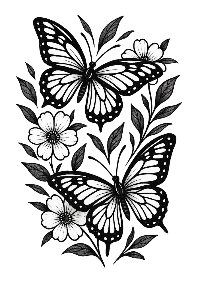 Tattoovorlage mit Schmetterlingen und Blumen im Schwarz-Weiß-Stil