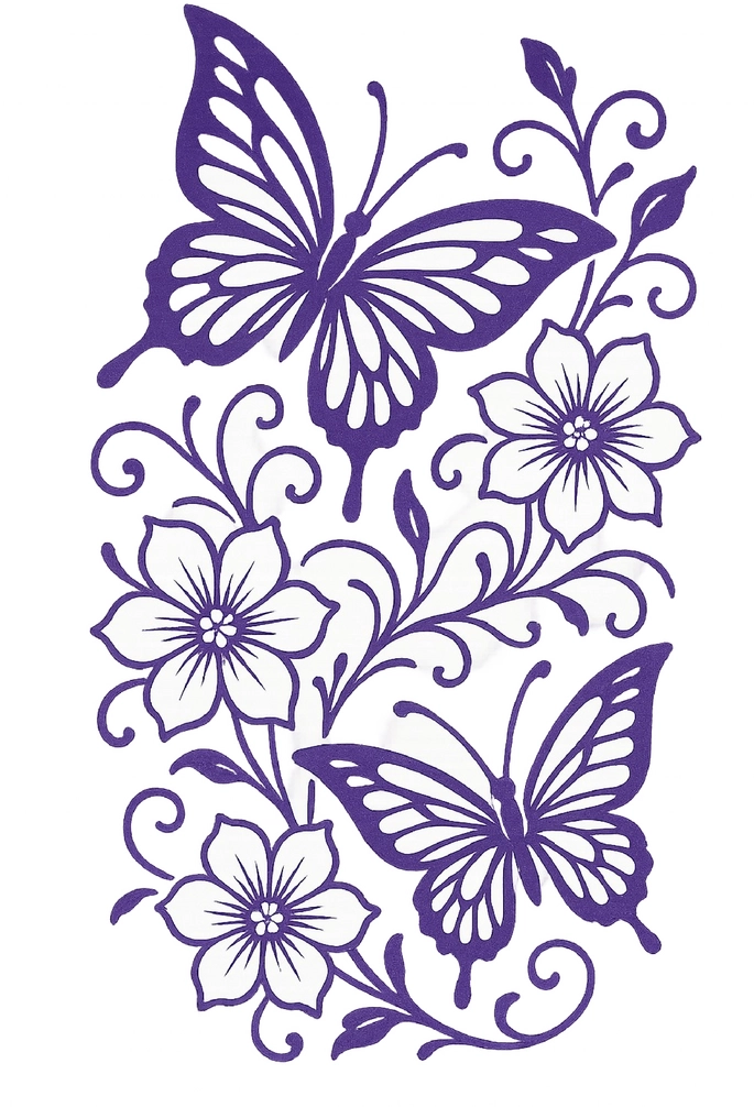 Tattoovorlage mit Schmetterlingen und Blumen in Lila
