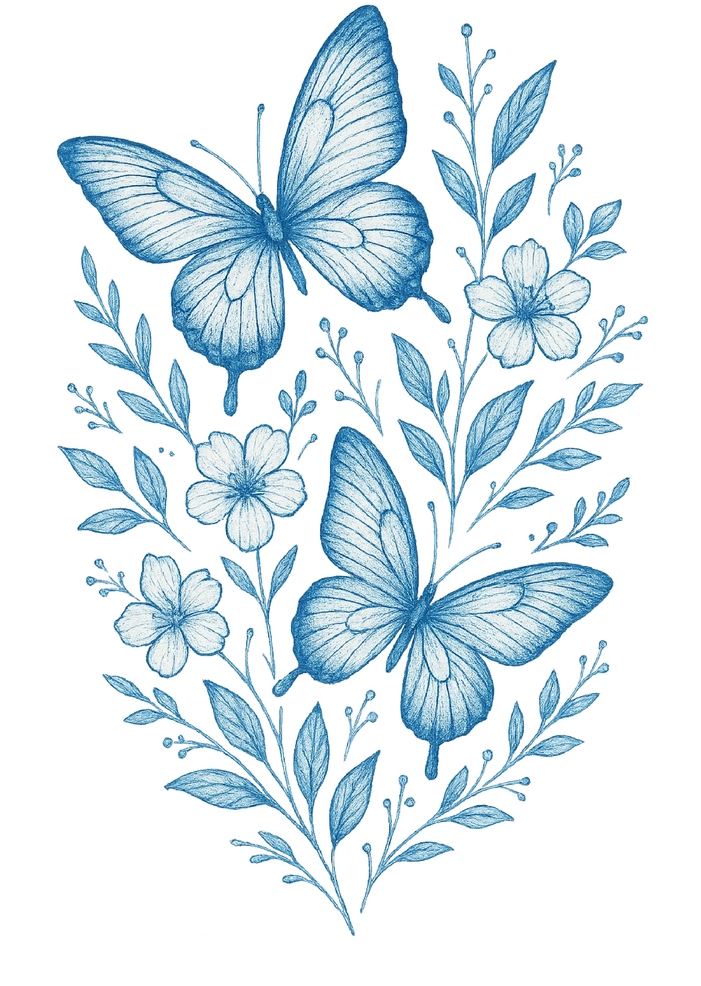 Tattoovorlage mit filigranen Schmetterlingen und floralen Mustern