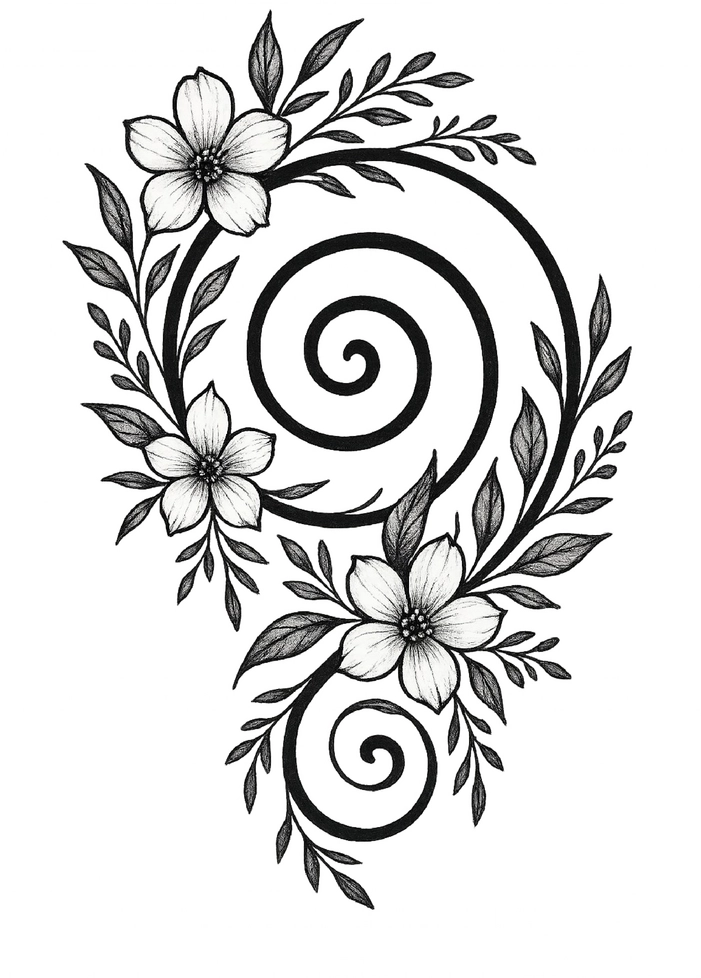 Tattoovorlage mit spiralförmigen floralen Elementen