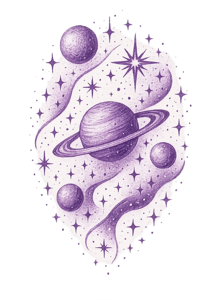 Tattoovorlage mit Sternen und Planeten in galaktischer Anordnung
