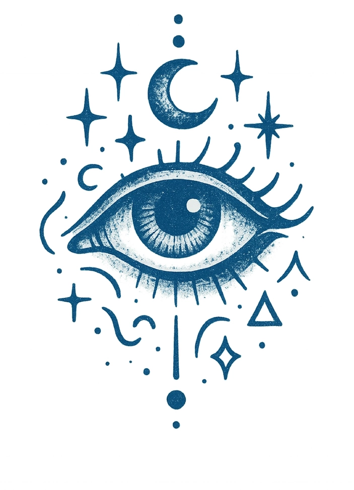 Tattoovorlage mit stilisiertem Auge und mystischen Symbolen