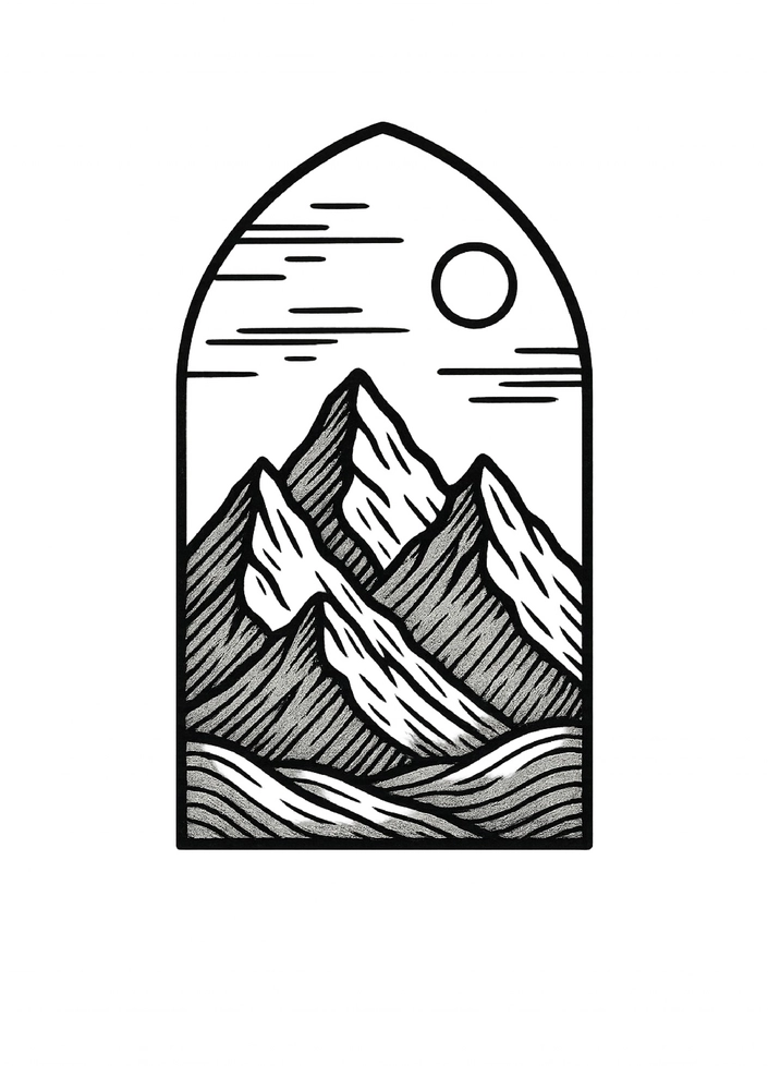 Tattoovorlage mit stilisierten Bergen und klarem Himmel