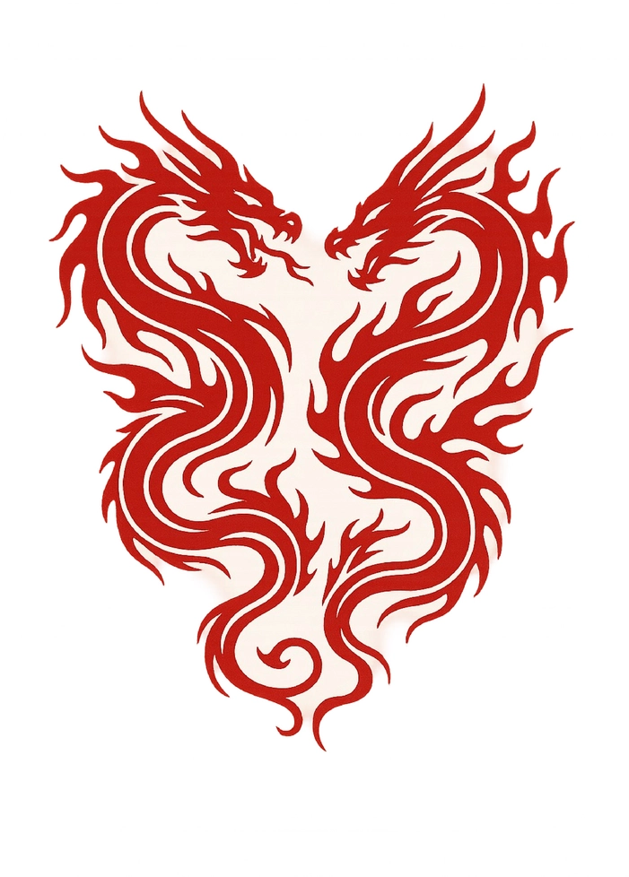 Tattoovorlage mit stilisierten Drachen und Flammen