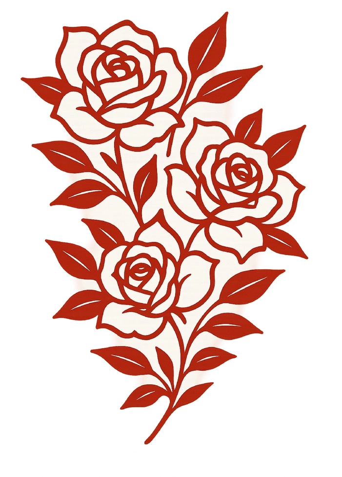 Tattoovorlage mit stilisierten Rosen und Blättern in Rot