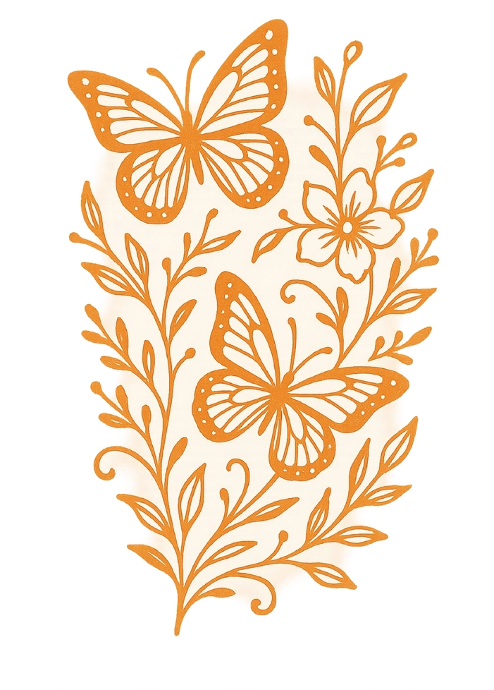Tattoovorlage mit stilisierten Schmetterlingen und floralen Akzenten