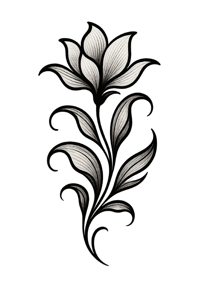 Tattoovorlage mit stilisierter Blume und geschwungenen Blättern