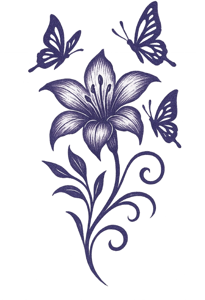 Tattoovorlage mit stilisierter Blume und Schmetterlingen