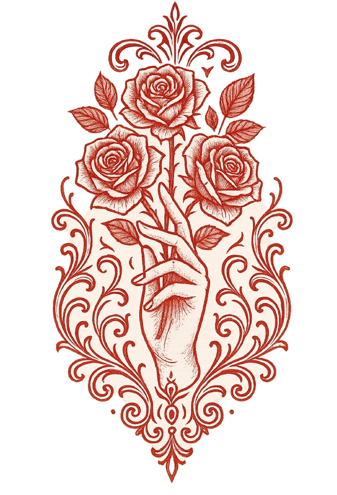 Tattoovorlage mit stilisierter Hand und Rosen