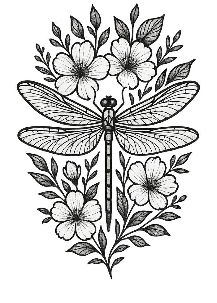 Tattoovorlage mit stilisierter Libelle und floralen Elementen