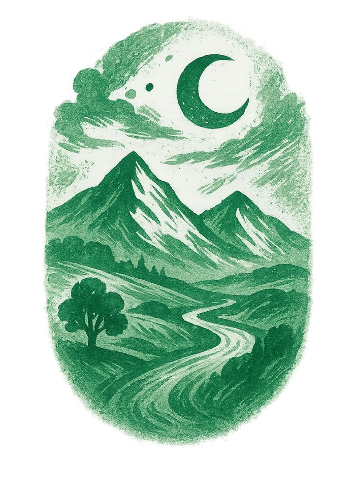 Tattoovorlage mit stilisierter Natur und Bergen