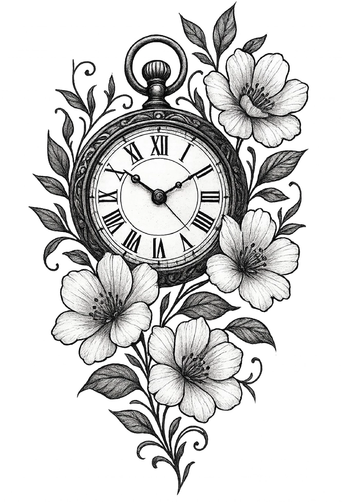 Tattoovorlage mit Uhr und floralen Elementen