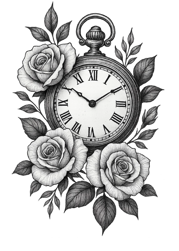 Tattoovorlage mit Uhr und Rosen - zeitloses Design