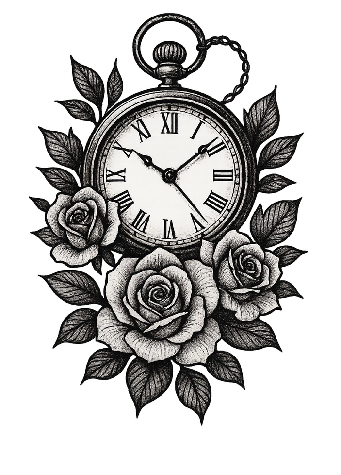 Tattoovorlage mit Uhr und Rosen - Schwarz-Weiß Design