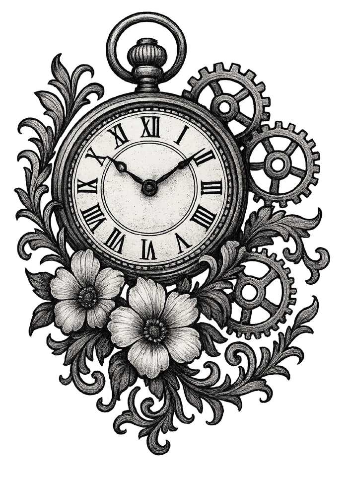 Tattoovorlage mit Uhr und Blumenornamenten