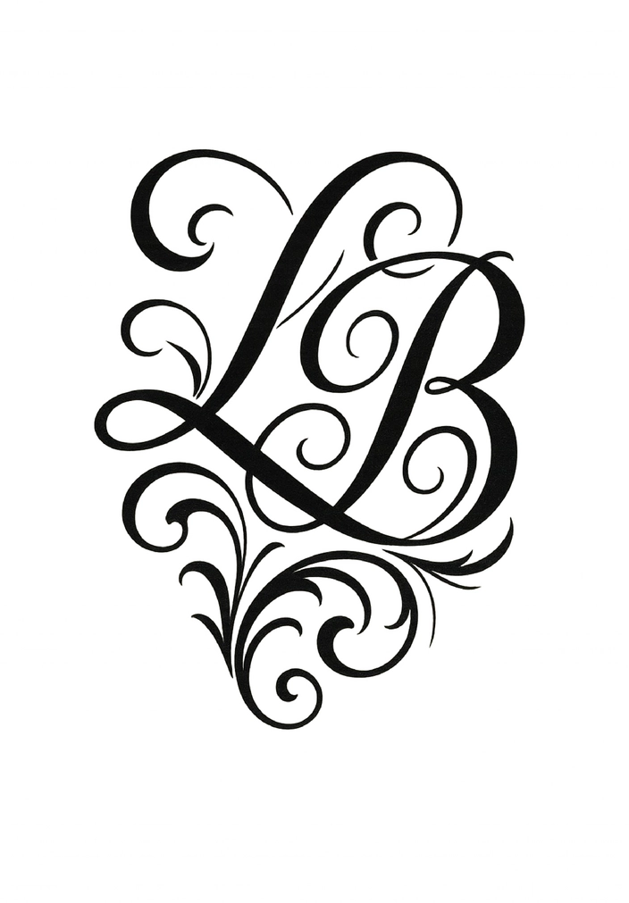 Tattoovorlage mit verschnörkelten Initialen in Schwarz-Weiß