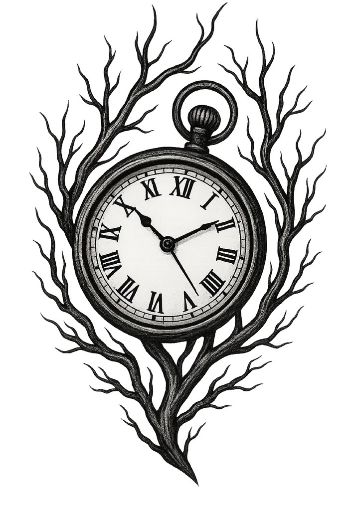 Tattoovorlage mit verzweigten Elementen und Uhr